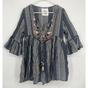 Karyn Seo Blouse Embroidered Floral Boho Peasant Top Handmade In India Cotton XL
